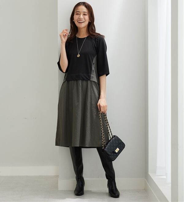 BELLUNA（ベルーナ）の「異素材切替ボタン使い配色ワンピース（その他ワンピース）」｜詳細画像