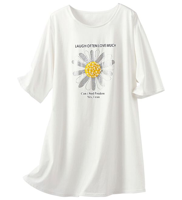 BELLUNA（ベルーナ）の「パールビーズ使いお花プリントＴシャツ（チュニック）」｜詳細画像