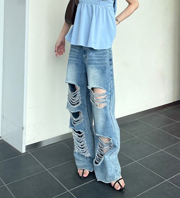 GeeRA（ジーラ）の「オリジナルパットダメージワイドデニム（ワイドパンツ・ガウチョ）」｜詳細画像