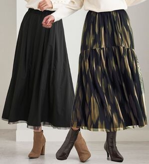 BELLUNA（ベルーナ）の「２倍の着こなし！チュールプリントスカート（ロングスカート）」｜黒系タイダイ