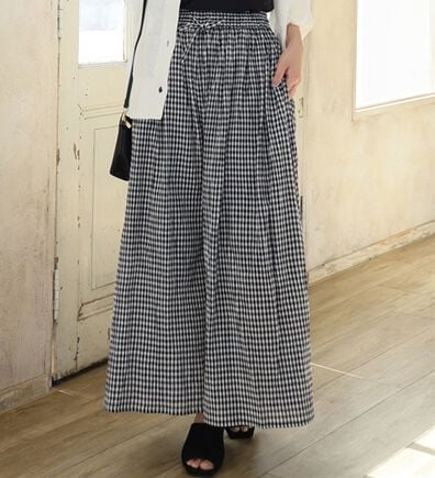 A HAPPY MARILYN（アハッピーマリリン）の「【Ｌ～６Ｌ】【２丈展開】【風通るプレミアム】綿・楊柳ギャザーフレアスカンツ（ワイドパンツ・ガウチョ）」