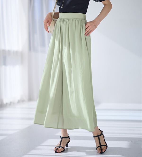 alotta（アロッタ）の「【選べる２丈】さらっと上品！サテンワイドパンツ（ワイドパンツ・ガウチョ）」｜ライトグリーン／レギュラー丈
