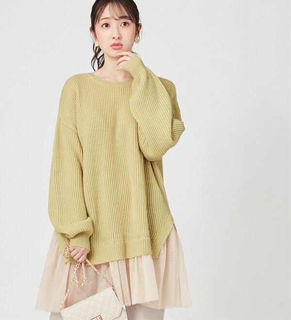 alotta（アロッタ）の「裾チュールレイヤード風ニット（ニット・セーター）」｜イエロー