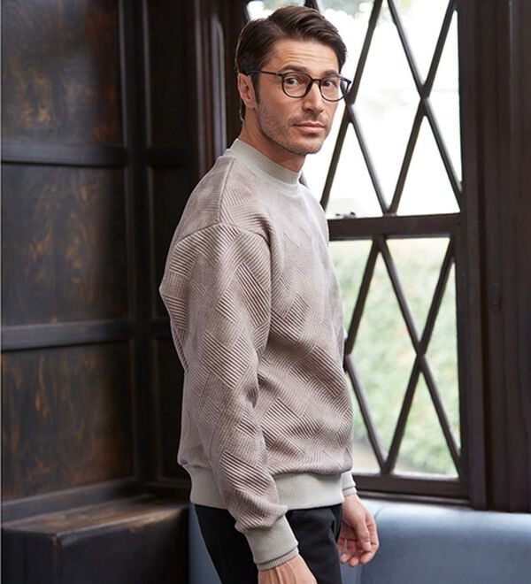 「＜コムルヴァン・オム＞ふくれジャカードレザー風トレーナー（メンズトレーナー）」｜詳細画像