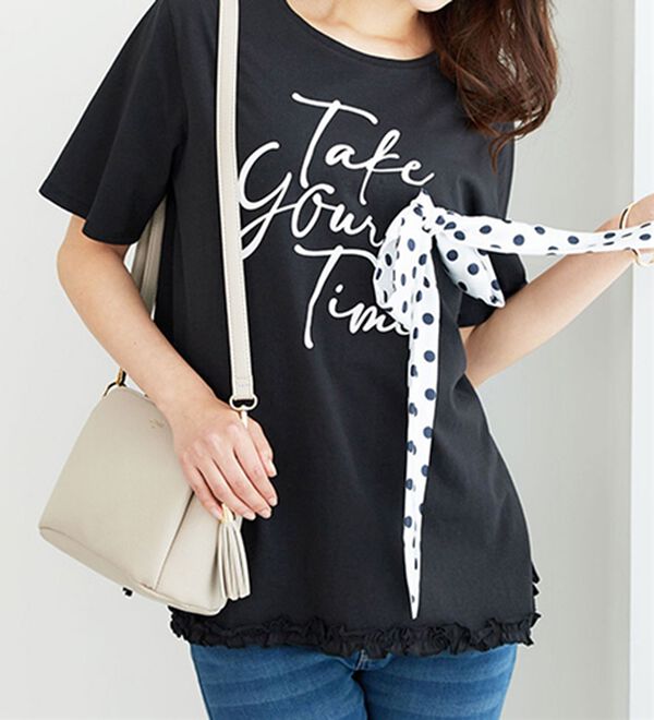 BELLUNA（ベルーナ）の「リボンモチーフ裾フリルプルオーバー（Tシャツ）」｜黒