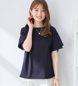 alotta（アロッタ）の「【接触冷感】＜丈が選べる＞袖口シフォンＴシャツ／チュニック（カットソー）」｜ネイビー／レギュラー丈
