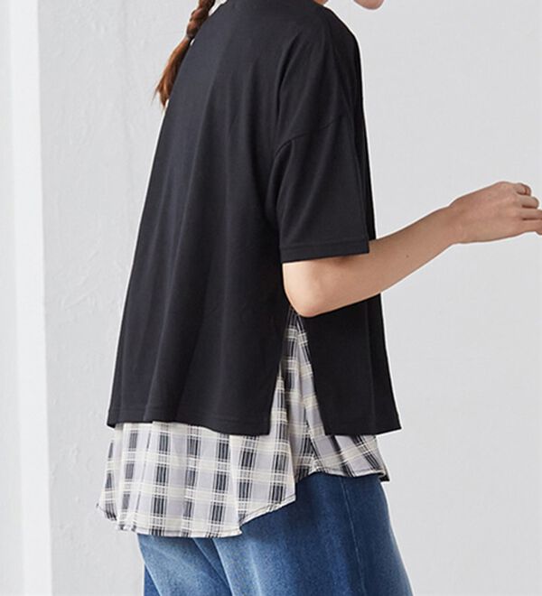 RANAN（ラナン）の「チェック柄異素材使いTシャツ（カットソー）」｜詳細画像