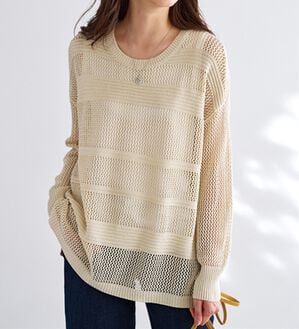 BELLUNA（ベルーナ）の「ラメ使い透かし編ボーダーニットプルオーバー（ニット・セーター）」｜アイボリー