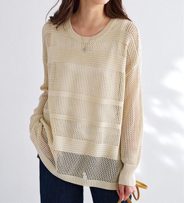 BELLUNA（ベルーナ）の「ラメ使い透かし編ボーダーニットプルオーバー（ニット・セーター）」｜アイボリー