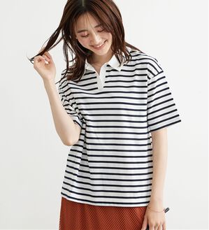 BELLUNA（ベルーナ）の「ボーダー柄スキッパーポロシャツ（カットソー）」｜オフ白×ネイビー