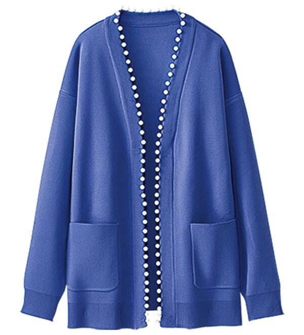 BELLUNA（ベルーナ）の「パール使いノーカラーカーディガン（ニットカーディガン）」｜パープル