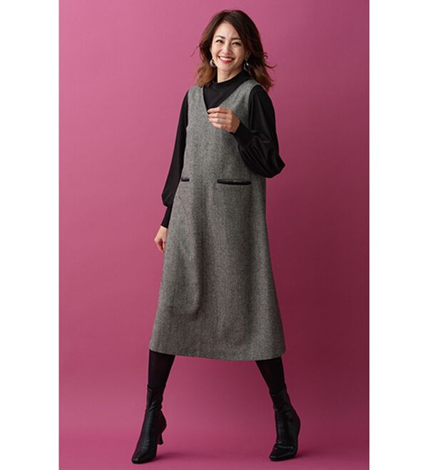 BELLUNA（ベルーナ）の「ツイード素材合皮使いジャンパードレス（ジャンパースカート）」｜詳細画像