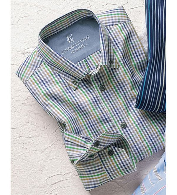 「＜コムルヴァン・オム＞毎日快適ソフトオックスシャツ（メンズシャツ）」｜グリーンチェック