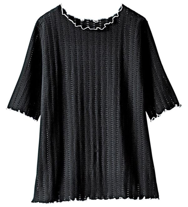 BELLUNA（ベルーナ）の「透かし編レース配色メロープルオーバー（カットソー）」｜黒