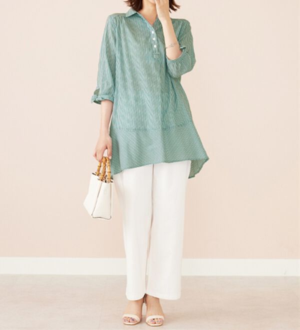 BELLUNA（ベルーナ）の「綿１００％ストライプ袖リボンチュニック（チュニック）」｜詳細画像