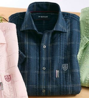 「＜ダンロップ・リファインド＞こだわりの絣（かすり）チェック涼感シャツ（メンズシャツ）」｜ネイビー系