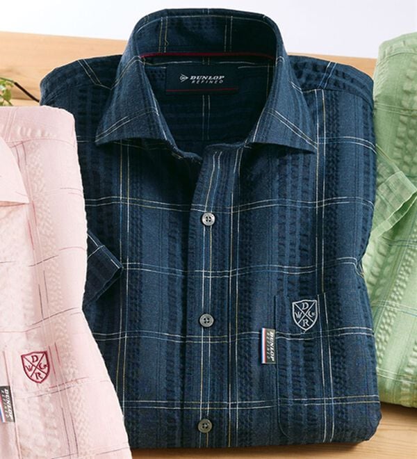「＜ダンロップ・リファインド＞こだわりの絣（かすり）チェック涼感シャツ（メンズシャツ）」｜ネイビー系