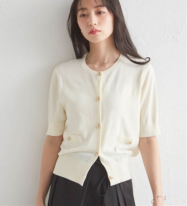 RANAN（ラナン）の「ゴールド調ボタン5分袖ニットカーデ（ニットカーディガン）」｜詳細画像