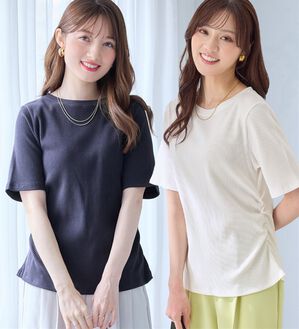 alotta（アロッタ）の「【接触冷感】細見えギャザーデザイン美くびれリブトップス（カットソー）」｜詳細画像