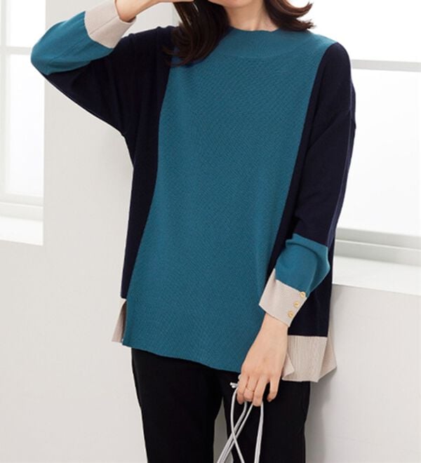 BELLUNA（ベルーナ）の「配色デザイン編地切替ニットプルオーバー（ニット・セーター）」｜詳細画像