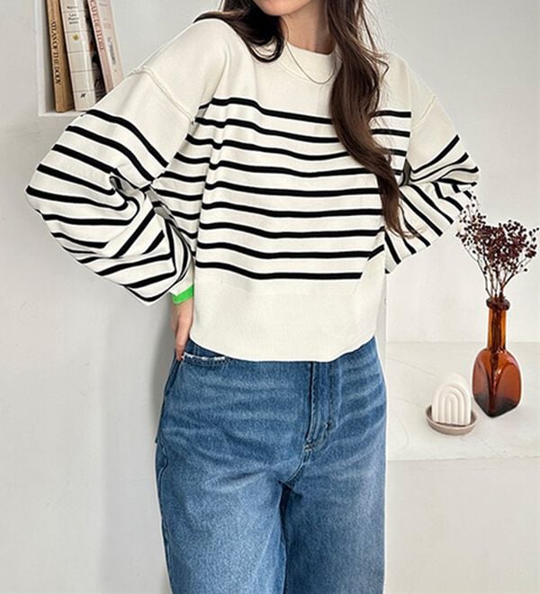 GeeRA（ジーラ）の「さらっと素材パネルボーダーショートニット（ニット・セーター）」｜詳細画像