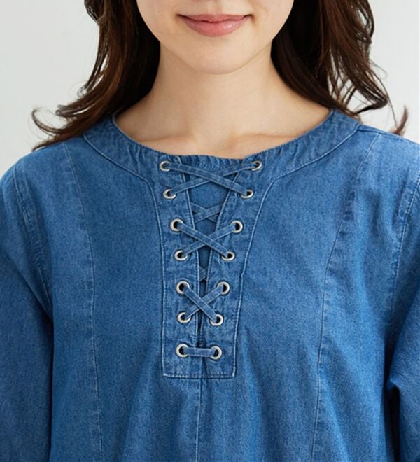BELLUNA（ベルーナ）の「胸元レースアップデニムワンピース（その他ワンピース）」｜詳細画像
