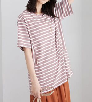 BELLUNA（ベルーナ）の「サイドポケット使いボーダー柄チュニック（チュニック）」｜ピンク&times;オフ白