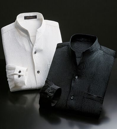 「日本製　ちりめんジャカードスタンドシャツ（メンズシャツ）」