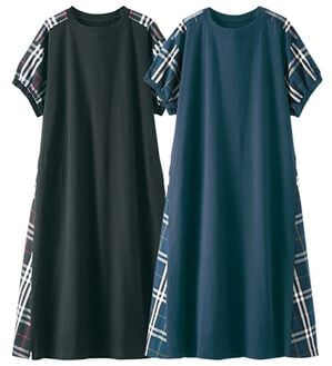 BELLUNA（ベルーナ）の「【２枚組】チェック使いランタンスリーブワンピース（カットソーワンピース）」｜2枚組