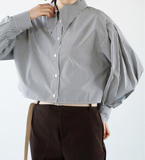 GeeRA（ジーラ）の「ストライプ柄衿付ショート丈シャツ（シャツ）」｜ブラック系