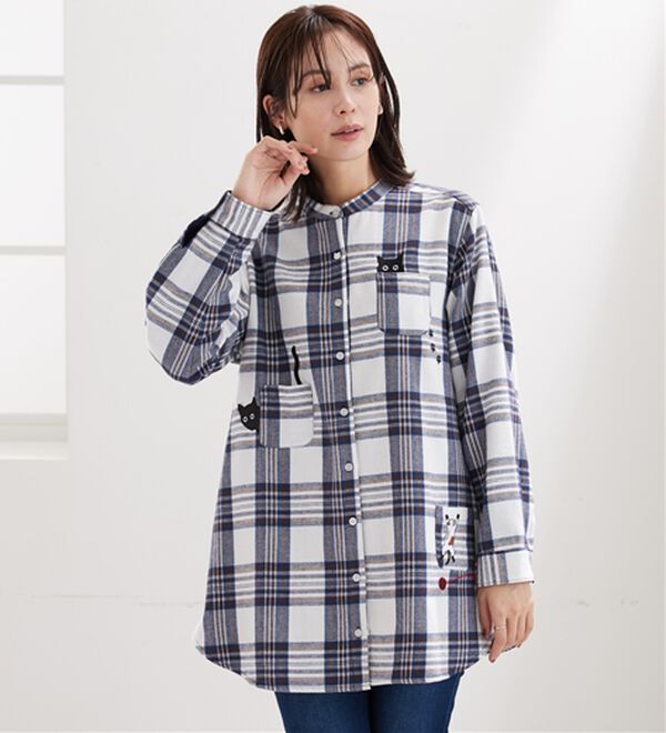 あったか】裏フリース素材ネコ刺しゅうシャツチュニック - ベルーナ