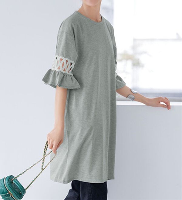 RANAN（ラナン）の「袖レース切替チュニックワンピース（チュニックワンピース）」｜杢グレー