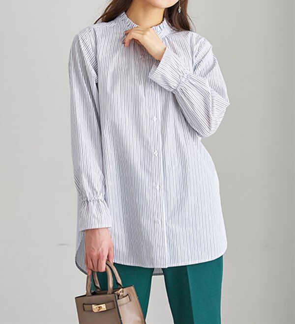 BELLUNA（ベルーナ）の「衿フリル使いラメストライプシャツチュニック（チュニック）」｜詳細画像