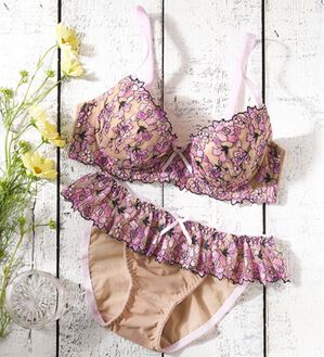 「プチプラブラ＆ショーツセット（ブラジャー＆ショーツセット）」｜ベージュ/ピンク系小花レース