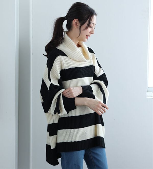 「【ＬＬ～４Ｌ】オフタートルワイドボーダーニットプルオーバー（ニット・セーター）」｜詳細画像
