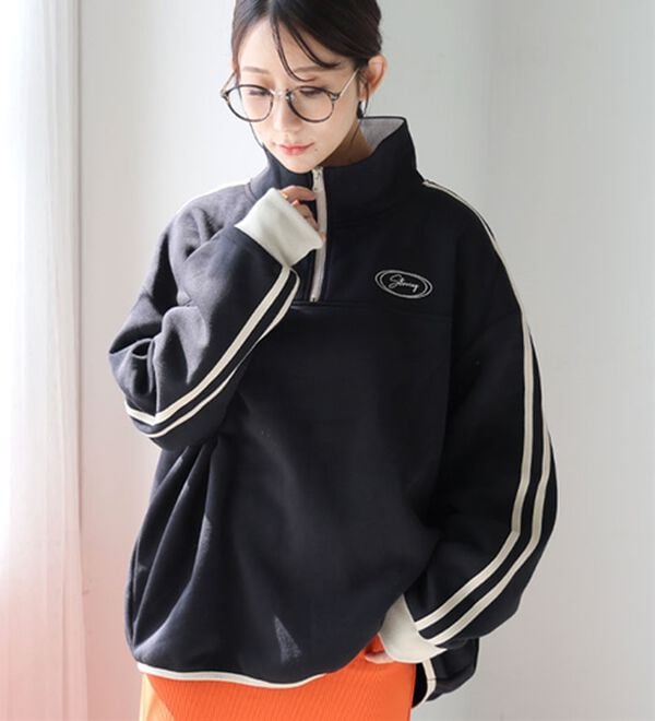 A HAPPY MARILYN（アハッピーマリリン）の「【Ｌ～６Ｌ】【ハピぽか裏起毛】ライン使いハーフＺＩＰスウェット 毛玉になりにくい（トレーナー・スウェット）」｜詳細画像