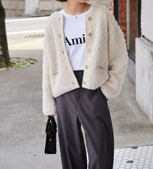 RANAN（ラナン）の「ゴールド調ボタンループ編みニットジャケット（ニットカーディガン）」｜詳細画像