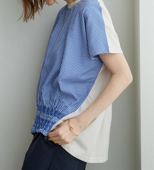 BELLUNA（ベルーナ）の「【ひんやり接触冷感】シャーリング使い異素材切替プルオーバー（カットソー）」｜詳細画像