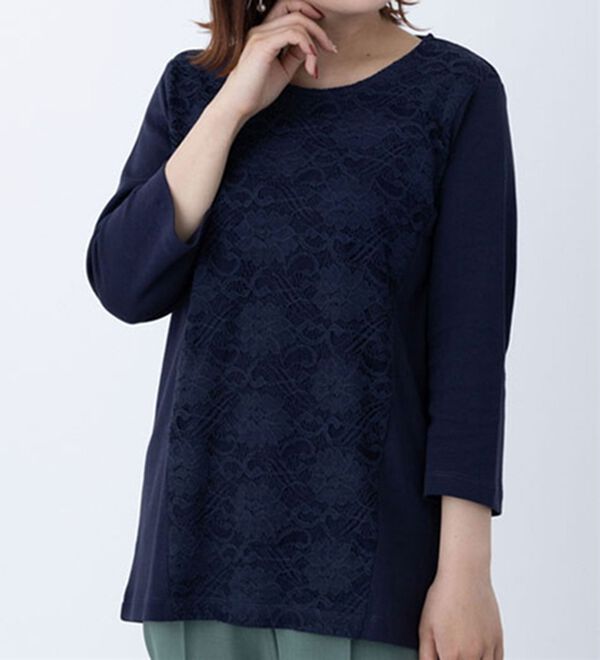 BELLUNA（ベルーナ）の「レース切替大人顔プルオーバー（カットソー）」｜ネイビー