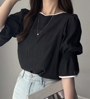 GeeRA（ジーラ）の「前後２ＷＡＹ配色パイピング５分袖ブラウス（ブラウス）」｜ブラック