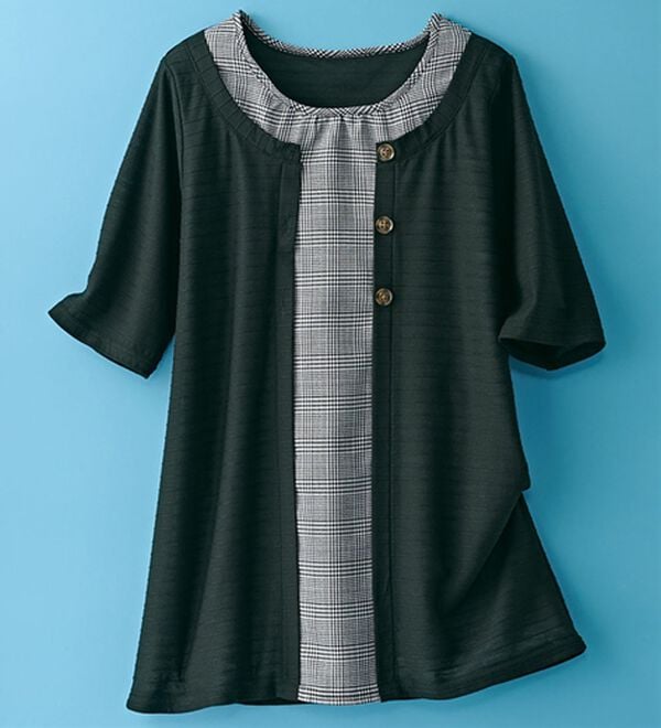 BELLUNA（ベルーナ）の「ひんやり冷感！タックジャカード素材重ね着風プルオーバー（カットソー）」｜詳細画像