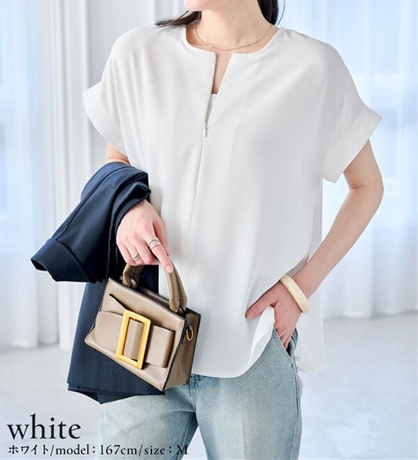 RANAN（ラナン）の「【汗シミ防止】ひんやり&防シワ前後2WAYハーフジップブラウス（ブラウス）」｜詳細画像