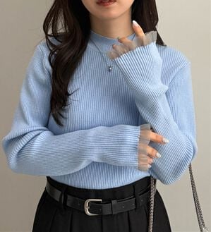 RANAN（ラナン）の「【春色追加】シアーフリル袖ハイネックリブニット（ニット・セーター）」｜ブルー