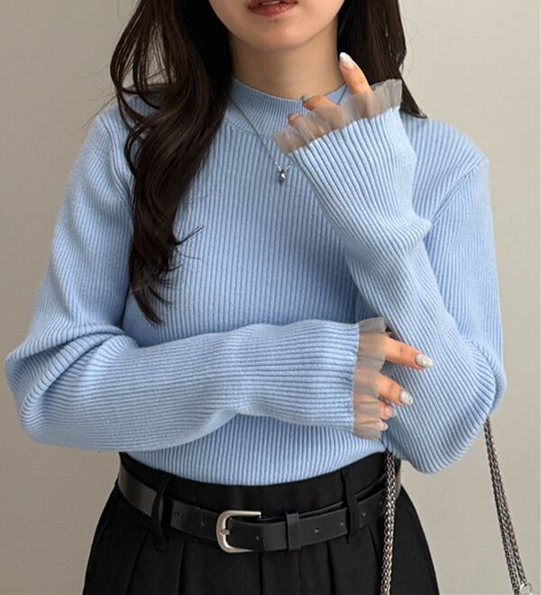 RANAN（ラナン）の「【春色追加】シアーフリル袖ハイネックリブニット（ニット・セーター）」｜ブルー