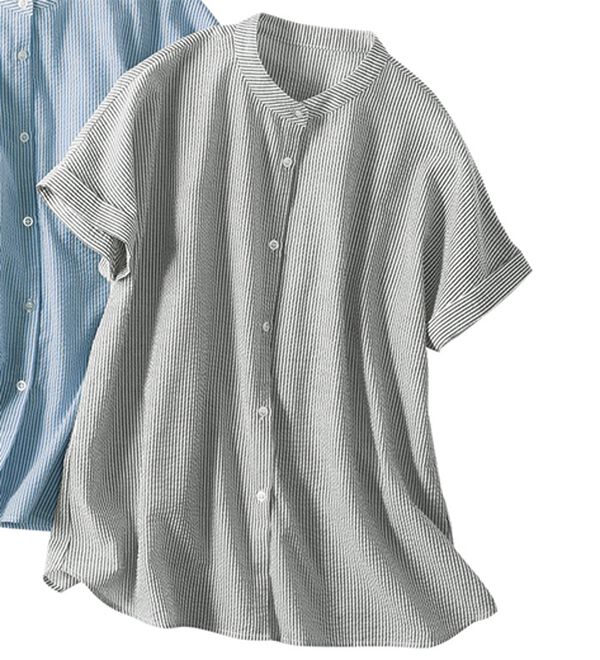 BELLUNA（ベルーナ）の「さらっと爽快！ポコポコサッカーブラウス（ブラウス）」｜グレー系ストライプ