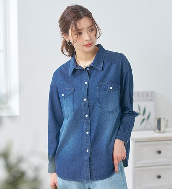 BELLUNA（ベルーナ）の「綿１００％ブラスト加工デニムシャツ（シャツ）」｜詳細画像