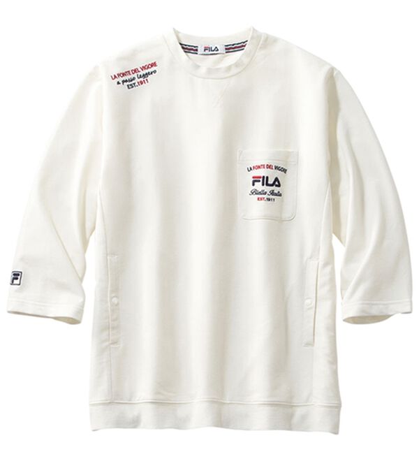 「＜フィラ＞サラッと快適！ゆったり７分袖ライトトレーナー・７分丈カーゴパンツ（メンズトレーナー）」｜ホワイト(トレーナー)