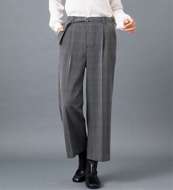BELLUNA（ベルーナ）の「サマ見え（Ｗ）ベルト付ワイドパンツ（ワイドパンツ・ガウチョ）」｜チャコール系チェック