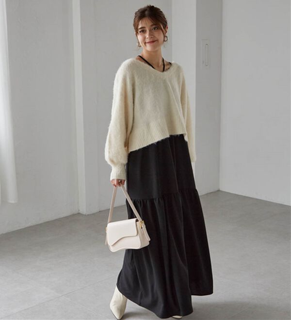 RANAN（ラナン）の「シャギーニット&times;キャミワンピースセット（その他ワンピース）」｜アイボリー／ブラック