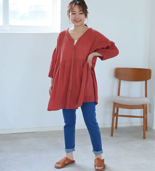A HAPPY MARILYN（アハッピーマリリン）の「【Ｌ～６Ｌ】【風通るプレミアム】綿１００％　楊柳　七分袖　ウエストギャザー　ブラウス（ブラウス）」｜詳細画像